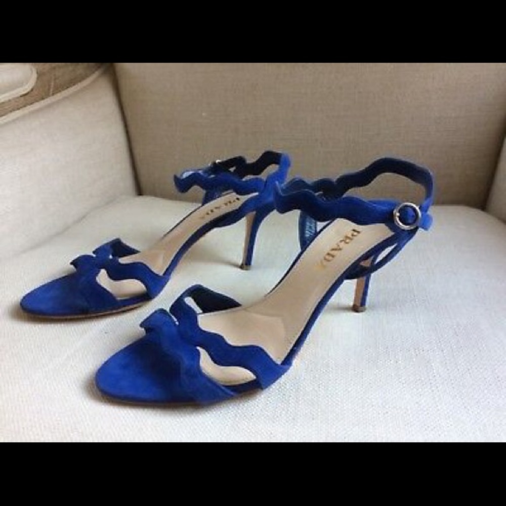 Prada Heels Scalloped Sandals Blue Suede EUC 9.5